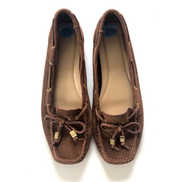 Micheal Kors Brown suede loafers w/ MK charms 7.5 - Picture 1 of 4